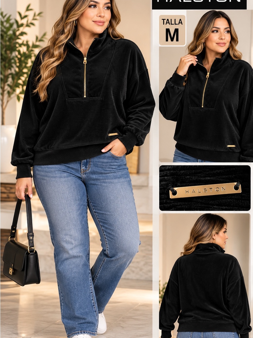 Halston Heritage Black Velvet Half-Zip Pullover with Gold Accent
